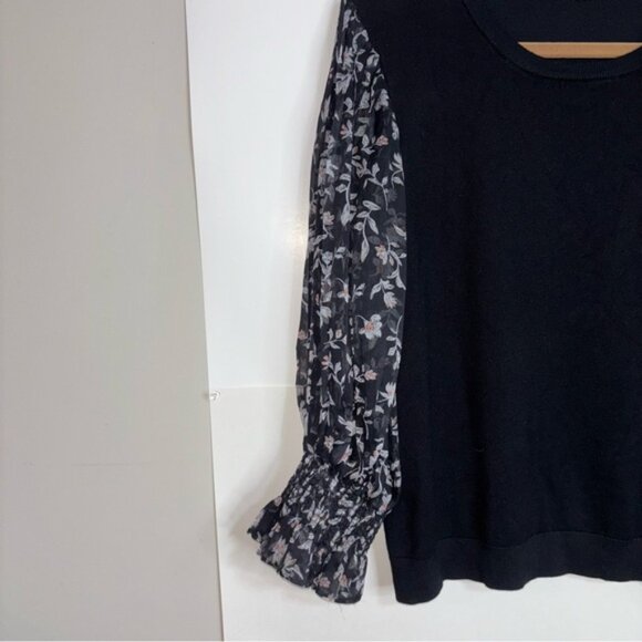 Adrianna Papell Women’s XL Black Knit Top Semi Sheer Balloon Sleeves Floral - Picture 7 of 10